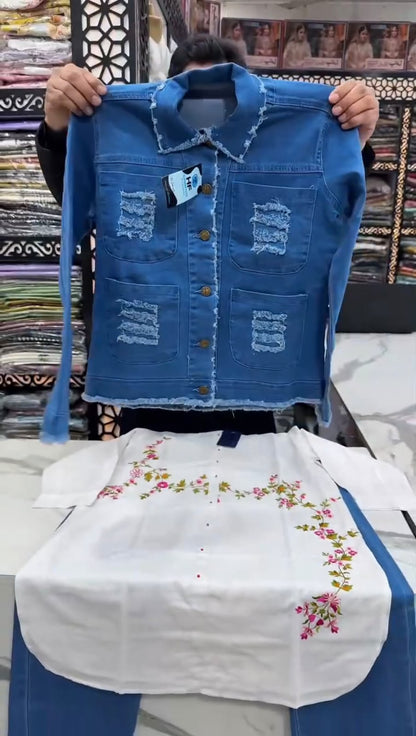 Embroidered Kurti With Jacket And Jeans