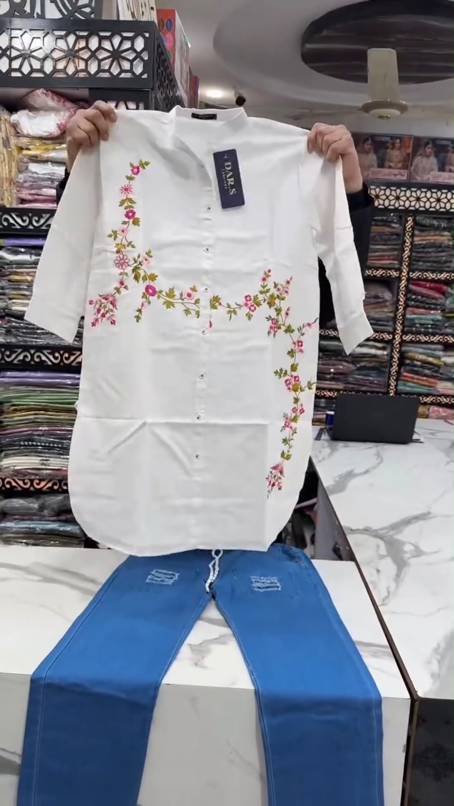 Embroidered Kurti With Jacket And Jeans