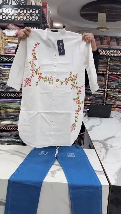 Embroidered Kurti With Jacket And Jeans