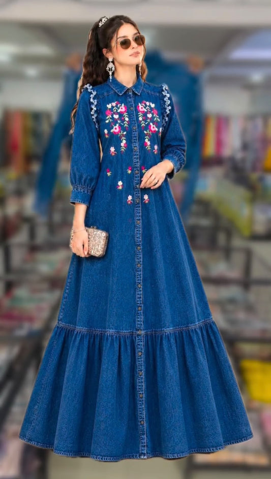 Women 2 Denim Embroidered Frock