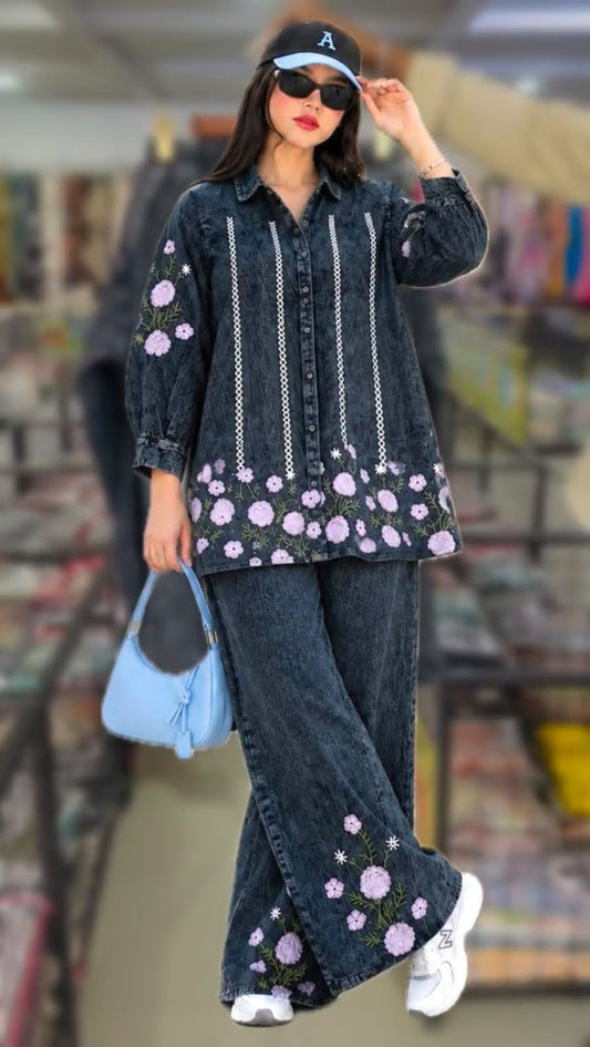 Women 2 Denim Embroidered Coord Set