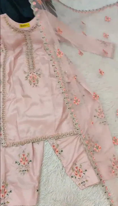 Vibrant 3 Piece Pink Embroidered Dress