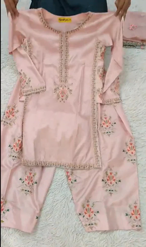 Vibrant 3 Piece Pink Embroidered Dress