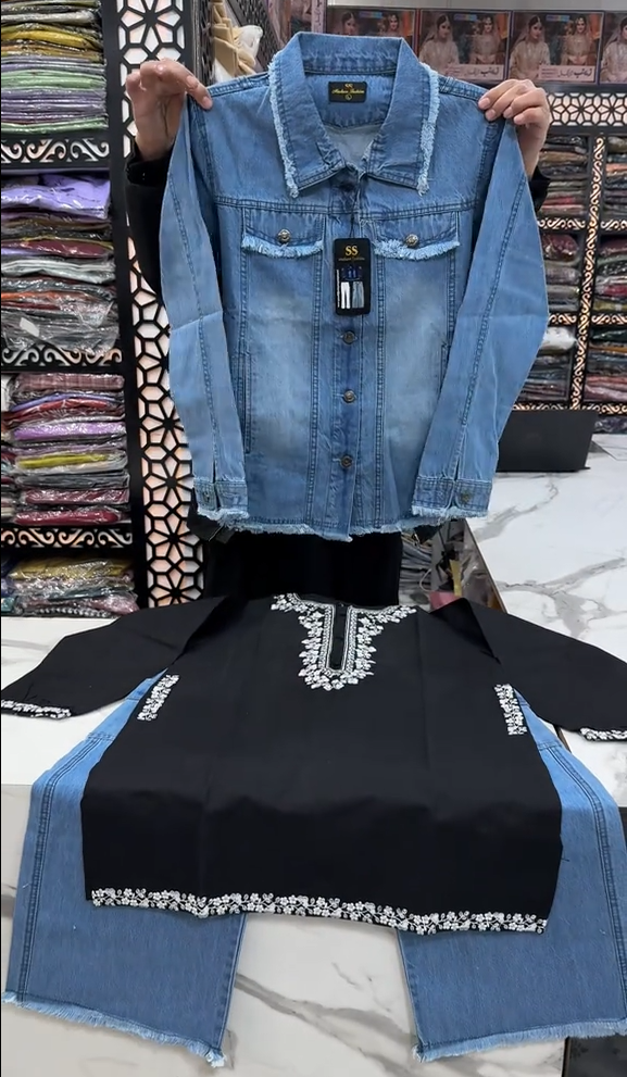 Women Kurti With Denim Jacket & Jeans