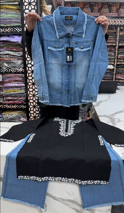 Women Kurti With Denim Jacket & Jeans