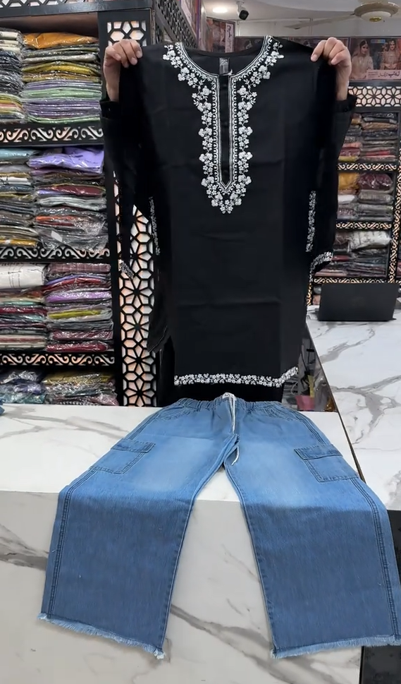 Women Kurti With Denim Jacket & Jeans
